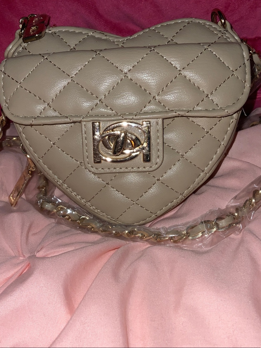 bebe Quilted Heart Crossbody Bag in Taupe with Gold Hardware